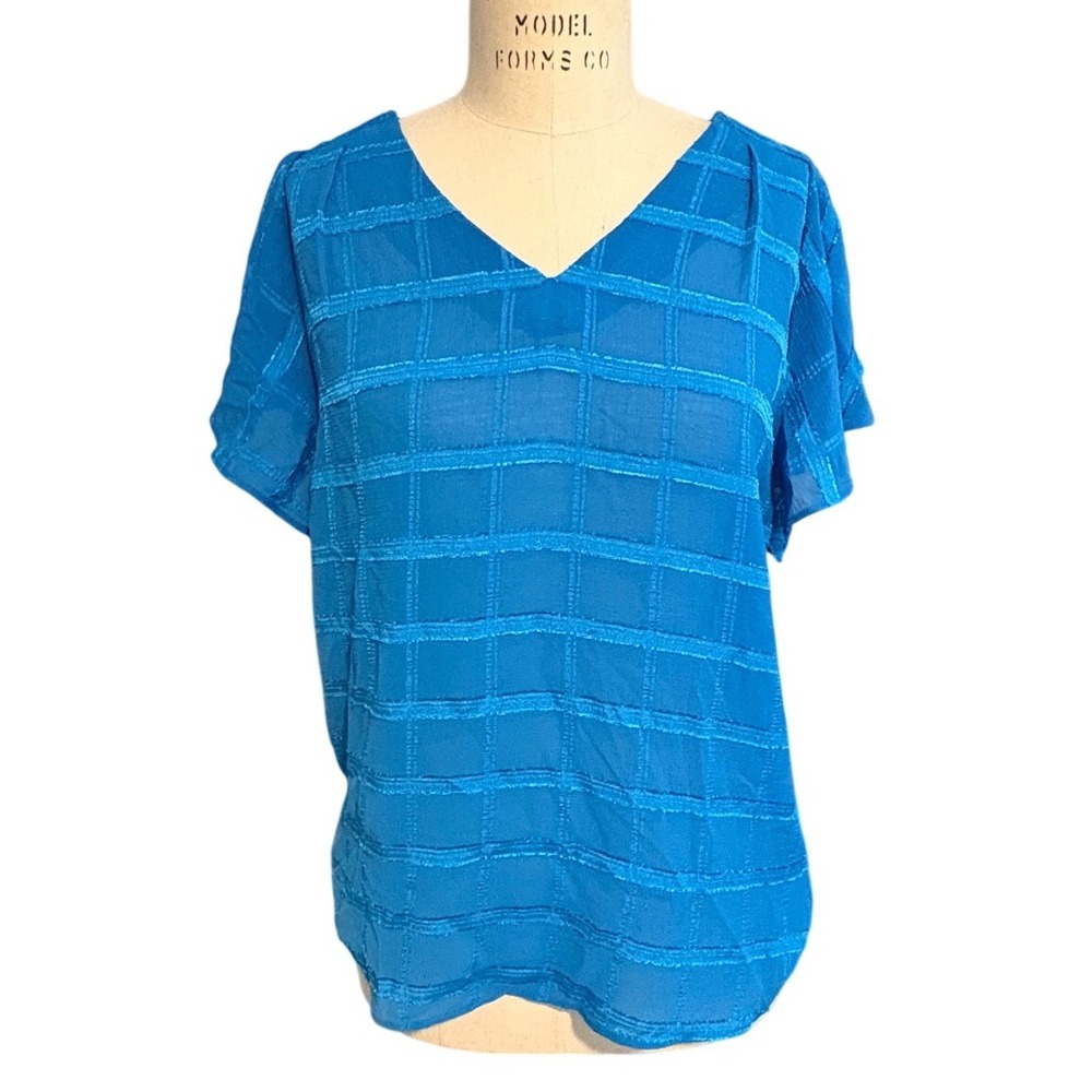NWT Womens Blue Sapphire V Neck Short Sleeve Plaid Textured‎ Blouse Top Size S
